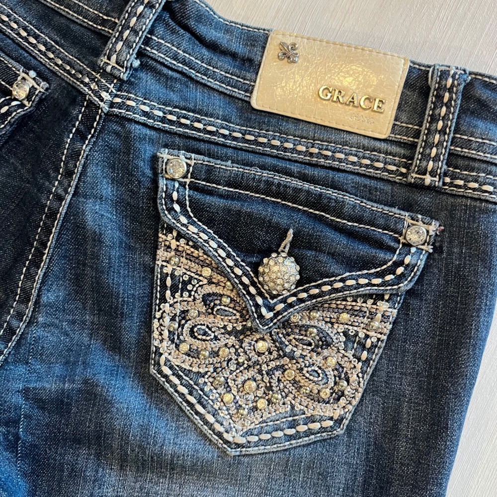 Grace in LA Women Bootcut Jeans Blue Rhinestone Western Y2K 30x34 Embellished